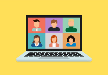 Stay and work from home. Video conference chat illustration. Stream, web chatting, meeting friends online. Workplace, laptop screen, group of people talking by internet. Video communication