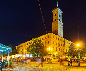 Canvas Print - Panorama of evening Lviv City Hall, Ukraine