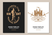 Knight Historical Club Flyer, Brochure, Banner, Poster. Vector Concept For Shirt, Print, Stamp, Overlay Or Template. Vintage Typography Design With Medieval Castle, Knight And Sword Silhouette.