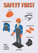 Work Safety. Isometric Electrical Engineer Wearing Helmet, Gloves, Protective Glasses, Clothing And Boots Near Breaker Box. Vector Infographic About Safety Equipment. PPE. 