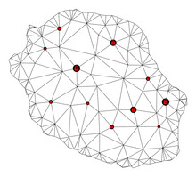 Polygonal Mesh Lockdown Map Of Reunion Island. Abstract Mesh Lines And Locks Form Map Of Reunion Island. Vector Wire Frame 2D Polygonal Line Network In Black Color With Red Locks.