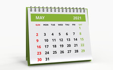 Standing Desk Calendar May 2021. Business Monthly Calendar With Metal Spiral-bound, The Week Starts On Sunday. Monthly Pages On A White Base And Green Title, Isolated On A White Background, 3d Render.