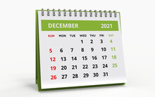 Standing Desk Calendar December 2021 Green. Business Monthly Calendar With Metal Spiral-bound, The Week Starts On Sunday. Monthly Pages On A White Base And Green Title, Isolated On A White Background
