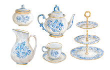 A Set Of Ceramic Dishes. Watercolor Illustration. Dishes For Tea Drinking. Painted Tableware. Blue Patterns Of Plants. Drawn Cup, Teapot, Sugar Bowl, Jug. A Set Of Openwork Dishes. Serving Stand.