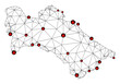 Polygonal mesh lockdown map of Turkmenistan. Abstract mesh lines and locks form map of Turkmenistan. Vector wire frame 2D polygonal line network in black color with red locks.