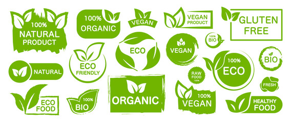 set of organic, eco, vegan, bio food labels. collection logos for healthy food. green emblems for pr