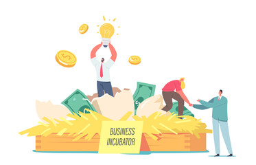 Wall Mural - Happy Businesspeople Male and Female Tiny Characters Extract Startup Project from Egg in Business Incubator at Huge Nest