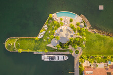 Aerial View Of A Luxury Yacht Docked At Luxury Resort Pier At The Bannister, Dominican Republic.