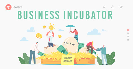 Wall Mural - business incubator landing page template. businesspeople male and female tiny characters growing sta