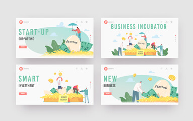 Wall Mural - business incubator landing page template set. businesspeople male and female tiny characters growing
