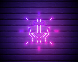 Praying hands neon sign. Gratitude or prayer design. Night bright neon sign, colorful billboard, light banner. Vector illustration in neon style isolated on brick wall backogrund