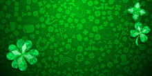 Background On St. Patrick's Day Made Of Crystal Clover Leaves And Other Symbols In Green Colors