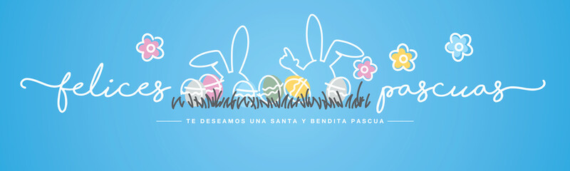 Sticker - Happy Easter we wish you a holy and blessed Easter Spanish language handwritten typography lettering line design bunny colorful Easter eggs in grass egg hunt blue greeting card