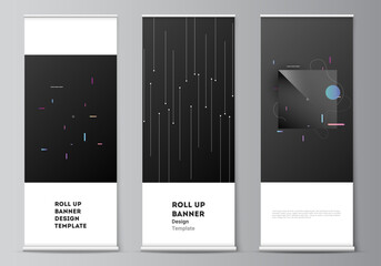 Wall Mural - Vector layout of roll up mockup design templates for vertical flyers, flags design templates, banner stands, advertising design mockups. Tech science future background, space design astronomy concept.