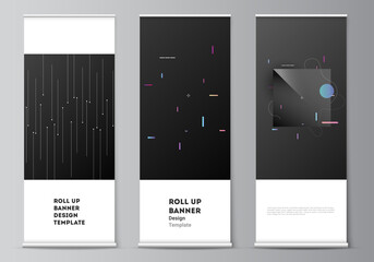 Wall Mural - Vector layout of roll up mockup design templates for vertical flyers, flags design templates, banner stands, advertising design mockups. Tech science future background, space design astronomy concept.