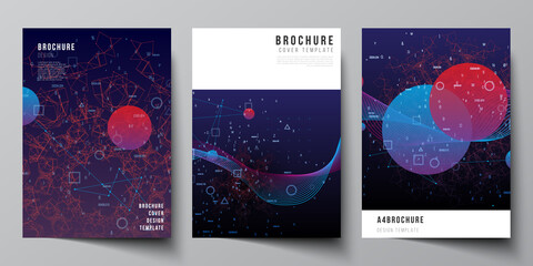 Vector layout of A4 cover mockups templates for brochure, flyer layout, booklet, cover design, book design. Artificial intelligence, big data visualization. Quantum computer technology concept.