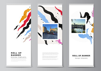 Wall Mural - Vector layout of roll up mockup design templates for vertical flyers, flags design templates, banner stands, advertising design mockups, agency, corporate, business, portfolio, pitch deck, startup.