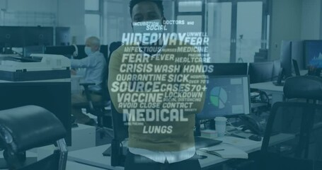 Poster - Animation of words flashing with colleagues in office wearing face masks