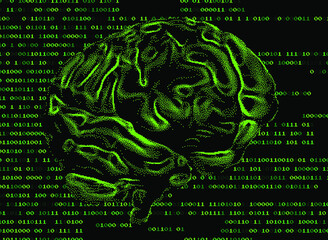Aufkleber - Human brain on the dark background with binary code. 3D illustration of the cerebrum made in refrofuturistic cyberpunk pixel art style.