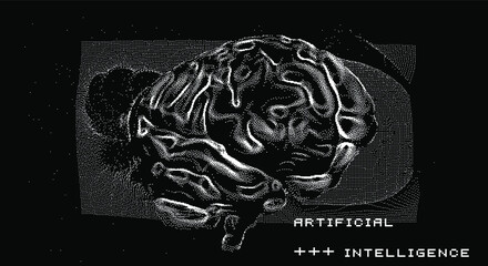 Aufkleber - 3D vector illustration of brain made of pixels and particles. Concept of neural network, neurology and neuroscience.