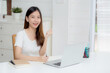© NT_studio - Young asian woman confident working at home with laptop computer and thinking idea for planning, freelance happy girl excited and success using notebook thoughtful and writing, business concept.
