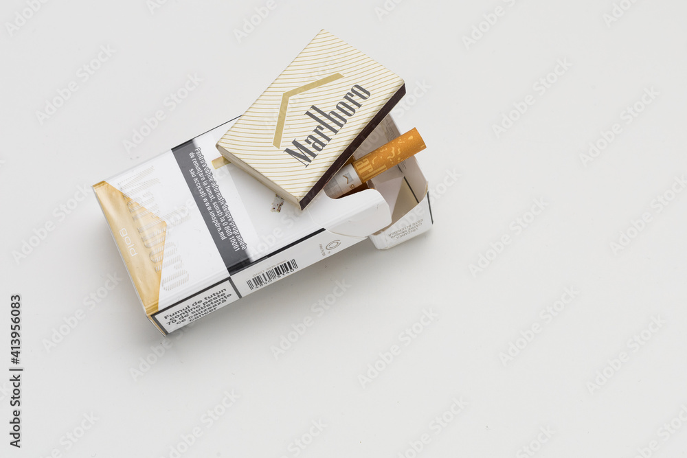 moldova tobacco January 8, 2020 Balti Moldova a pack of Marlboro cigarettes on light  background. Illustrative editorial. Stock Photo
