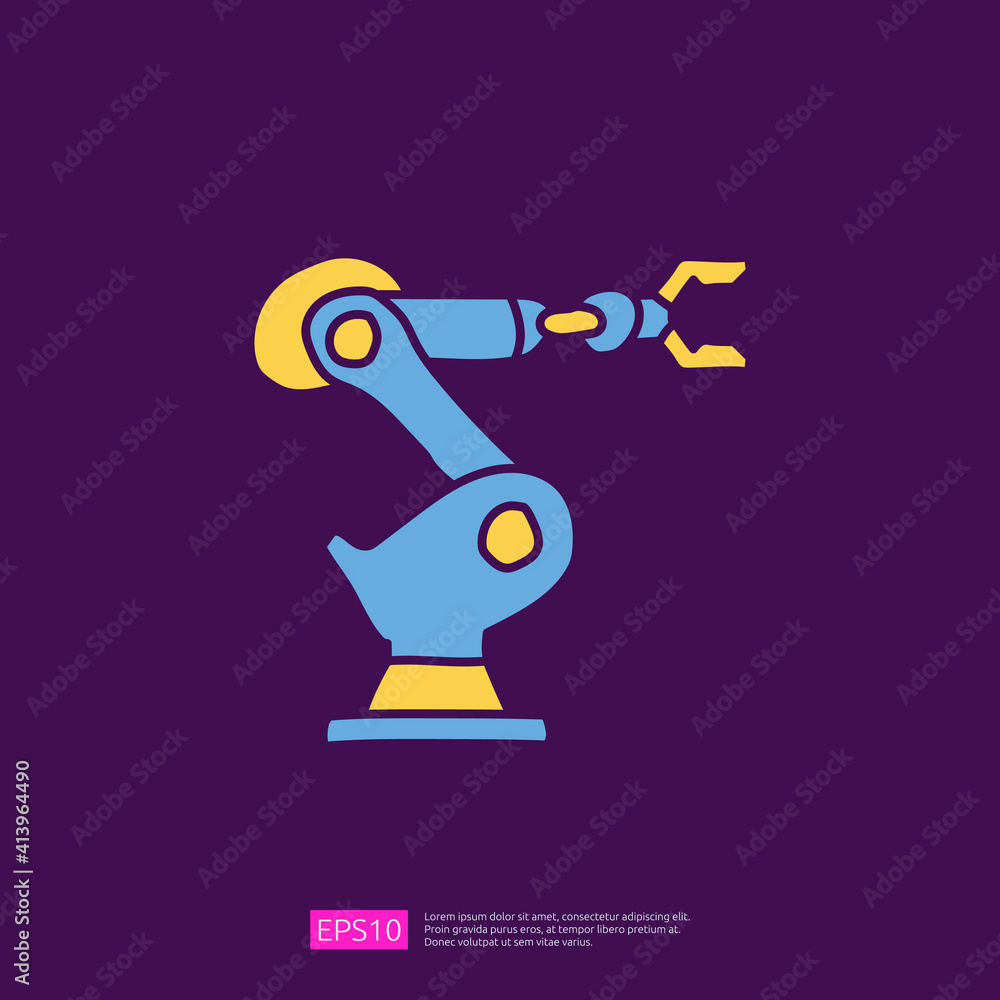 industrial robot arm machine doodle icon. engineering related doodle concept symbol sign. fill color line vector illustration