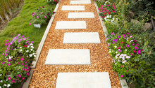 Selective Focus Shot Of White Stone Path With Yellow And Brown Gravel In Colorful Flower Garden And Green Grass Shows Beautiful Landscape Of Summer Season. It Is A Gorgeous Background Of Walkway