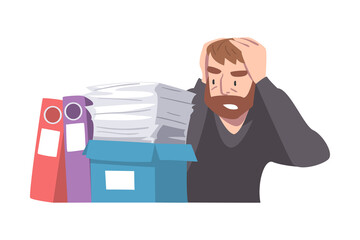 Poster - Overworked Bearded Man Character Holding Head with His Hands Looking at Pile of Papers Vector Illustration