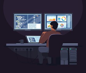 System administrator, programmer male cartoon character sitting at table in front of computer, flat vector illustration. Software developer working on laptop in office. Computer coding and programming