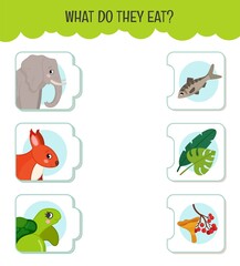 Sticker - Matching children educational game. What do they eat?. Activity for pre sсhool years kids and toddlers. Animals and food.