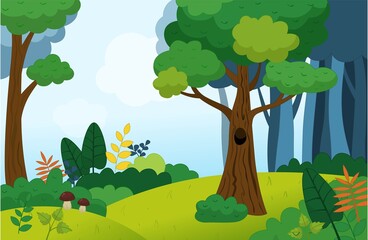 Illustration of a summer forest landscape in cartoon style. 