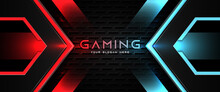 Futuristic Red And Blue Abstract Gaming Banner Design Template With Metal Technology Concept. Vector Illustration For Business Corporate Promotion, Game Header Social Media, Live Streaming Background