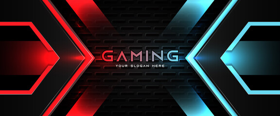 futuristic red and blue abstract gaming banner design template with metal technology concept. vector