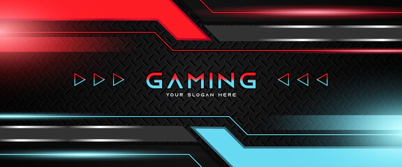 Wall Mural - futuristic red and blue abstract gaming banner design template with metal technology concept. vector