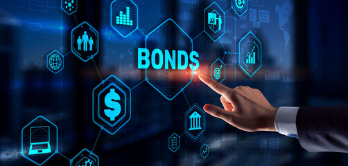 Wall Mural - Businessman clicks a bonds virtual screen. Bond Finance Banking Technology concept. Trade Market Network