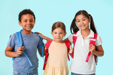 Sticker - Little schoolchildren on color background