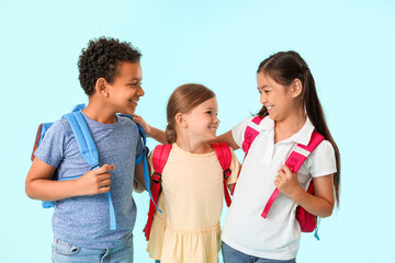 Sticker - Little schoolchildren on color background