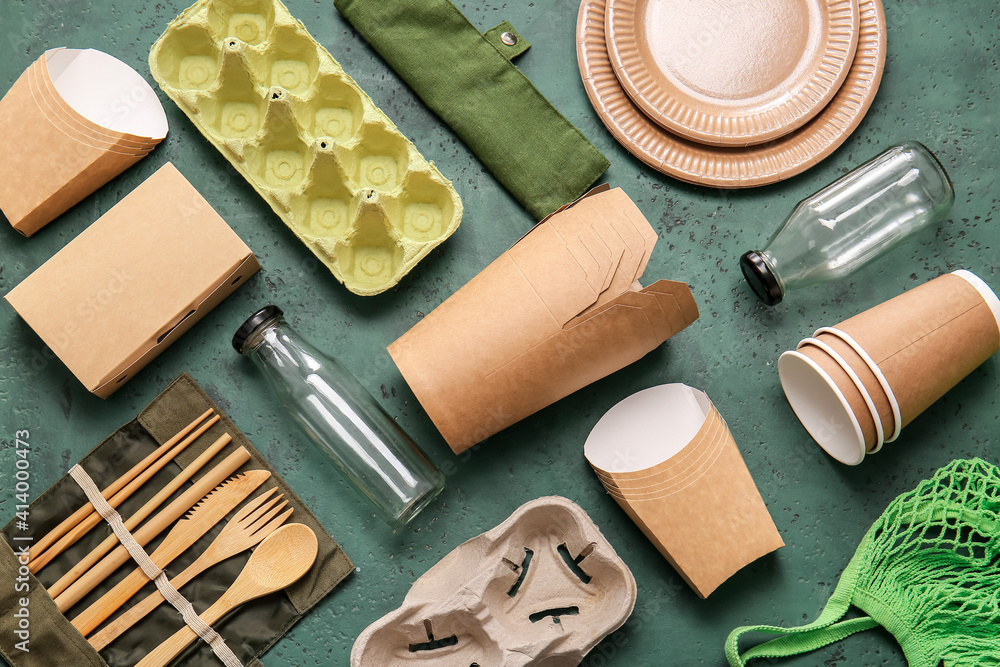 Eco composition with tableware on color background