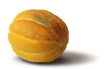 Ripe juicy orange yellow melon with seeds inside on isolated white