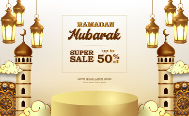 sale offer banner template for ramadan mubarak with 3d podium product display with fanous lantern and mosque luxury elegant