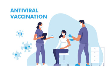 Coronavirus vaccination. Woman getting vaccinated against Covid-19 in hospital. Doctor giving Corona virus vaccine injection injecting patient. Vector illustration.