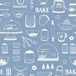 Baking pattern design. Vector seamless repeat of home cake cooking utensils and ingredients. Home baking resource.