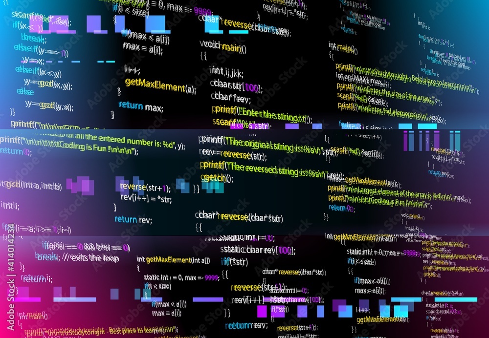 Abstract background with glitched program code parts. Vector black ...