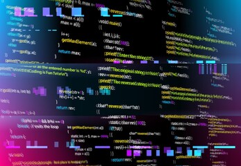 Leinwandbilder - Abstract background with glitched program code parts. Vector black monitor screen with distortion and glitch effect, computer error or bug. Backdrop with programming language and random glowing pixels