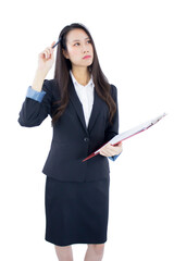 Wall Mural - Asian business woman holding a clipboard and thinking isolate white background.