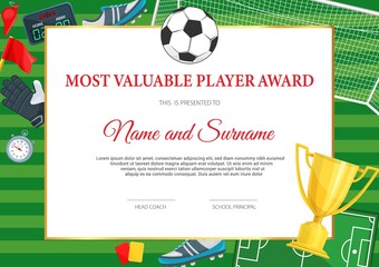 Wall Mural - Certificate of achievement in soccer game. Football player diploma vector template with ball and golden goblet. Sports team award border design, diploma for participation in soccer tournament league