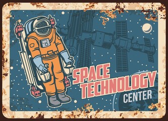 Wall Mural - space technology center vector rusty metal plate, astronaut research open cosmos. spaceman galaxy ex