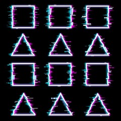 Aufkleber - Glitch frames vector distorted neon glowing pixelized borders of triangle and square shapes isolated on black background. Television no signal tv screen, colored messy distortion with glitch effect