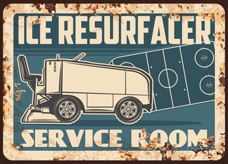 Ice hockey rink resurfacer rusty metal plate. Ice resurfacer for hockey rink cleaning and smoothening vector. Winter sport arena or stadium service vehicle retro banner with rust texture